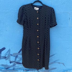 Vintage 80’s black and white polka dot midi dress, size medium, gold buttons